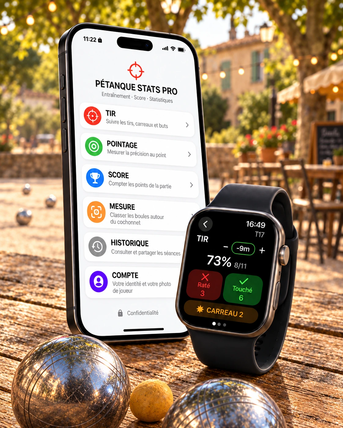 L’application Pétanque Stats Pro sur iPhone et Apple Watch, parmi les boules sur une table en bois au bord du terrain
